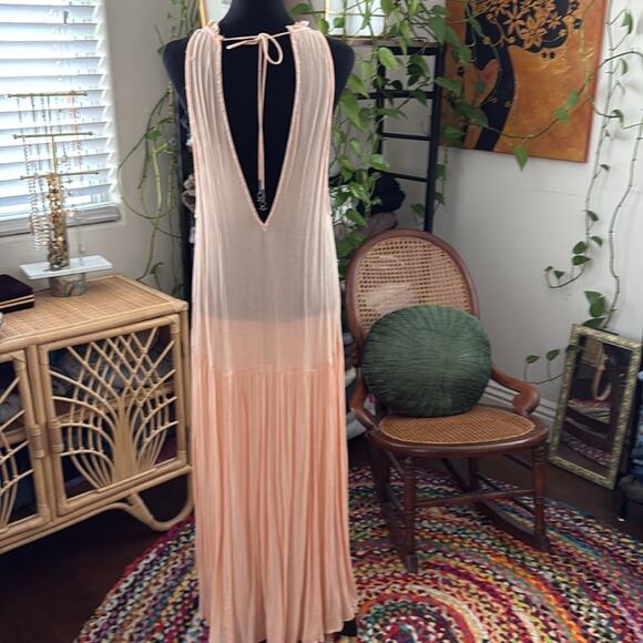 Free People Peach Sherbet Embroidered Sheer Drop Waist Midi Maxi Dress - Picture 2 of 4